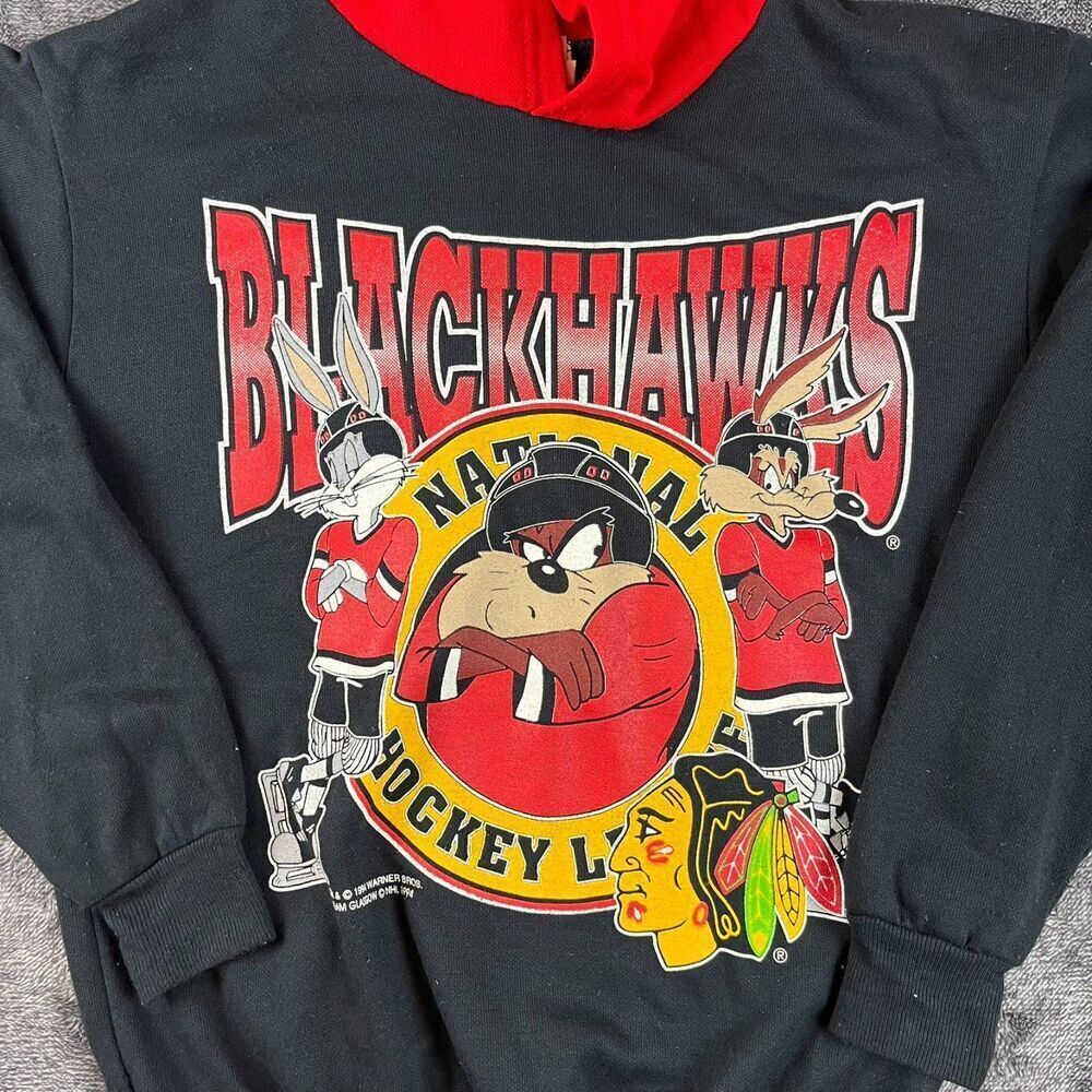 Vtg 1994 NHL Blackhawks Hoodie Bugs Bunny Taz Sweatshirt Kids 14/16 Made In USA - Picture 2 of 11